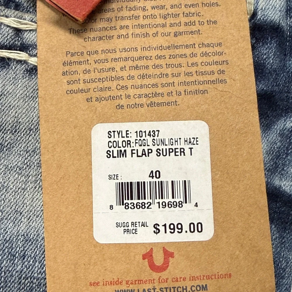 True Religion Slim Flap Super T Jeans Mens 40 x 33 Sunlight Haze Blue 101437 NWT